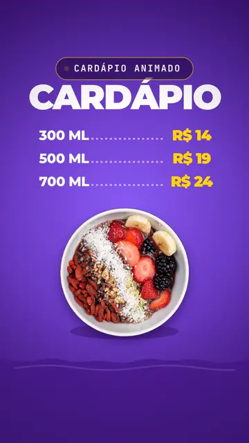 Cardápio animado de açaiteria com tamanhos e preços